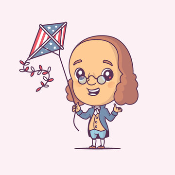 Benjamin Franklin holding a US flag colored kite cartoon vector illustration in chibi style