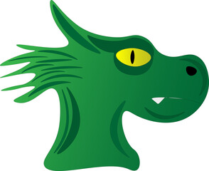 Head of a green dragon on a white background, children's drawing.