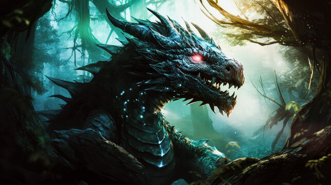 An ancient and mysterious dragon guarding an enchanted forest. Generative AI technology.