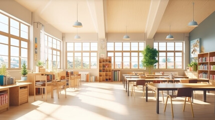 Interior of a modern school library. Generative AI.