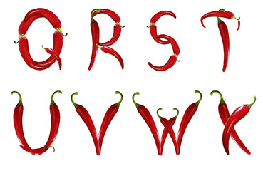 Edible alphabet made from hot, chili peppers. Letters Q, R, S, T, U, V, W, X isolated on white...