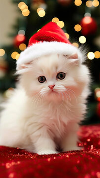 
Cute little persian kitten in Santa hat on christmas background. Generative AI.
