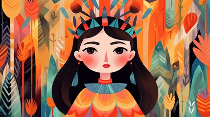 cute fairytale children book style illustration character art, cute fairytale tribal queen, Generative Ai