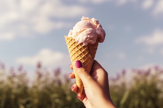 Children hand holding waffle cone with delicious ice cream on blue sky and nature hot summer background by generative ai