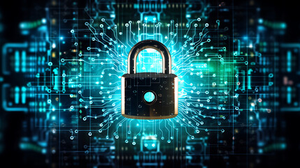 Cybersecurity concept with padlock on digital background, 3D rendering  AI Generative