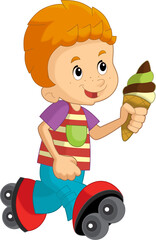 cartoon scene with young boy eating ice cream having fun isolated illustation for children