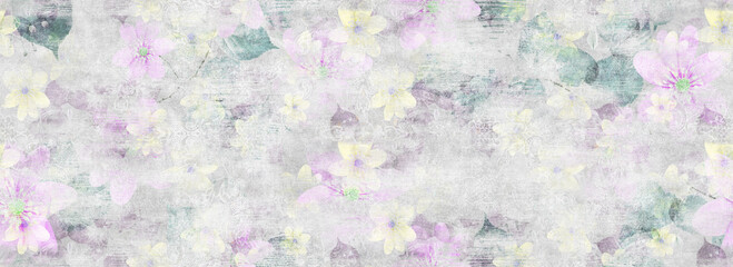 lilac flowers with cement texture seamless pattern. Repeating background for wallpaper, textile or ceramic surface. - 615783473
