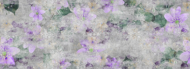 lilac flowers with cement texture seamless pattern. Repeating background for wallpaper, textile or ceramic surface.