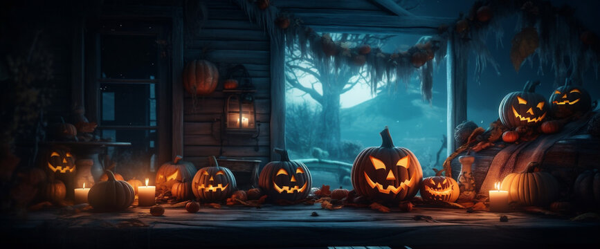 evil blue night pumpkin mystery horror scary background halloween table fear. Generative AI.