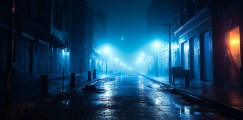 City wet road or alley in a misty night
