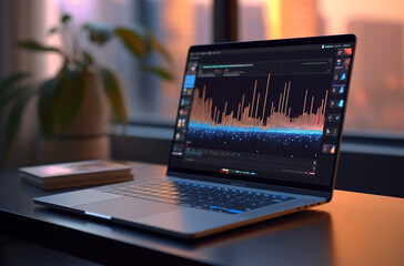  Laptop display with abstract financial graph on office desk, financial and trading concept.