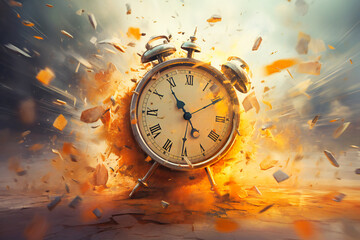 Retro clock with explosions behind it, time running out concept