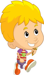 cartoon scene with young boy eating ice cream having fun isolated illustation for children