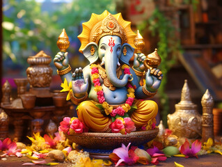 Fototapeta premium Illustration of Lord Ganesha sculpture with decorative elements - ai generative
