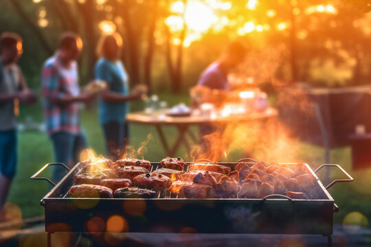 Outdoor grill barbecue with blurred people in background. Party and leisure concept.