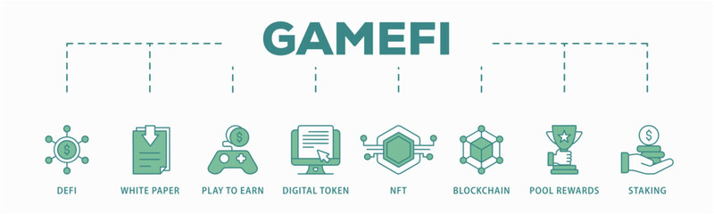 Gamefi banner web icon vector illustration concept with icon of defi, white paper, play to earn, digital token, nft, blockchain, pool rewards and staking