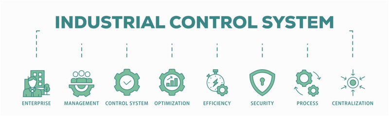 Industrial control system banner web icon vector illustration concept with icon of enterprise, management, control system, optimization, efficiency, security, process, centralization