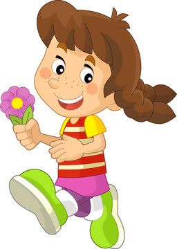 cartoon scene with young girl running with flower having fun isolated illustation for children