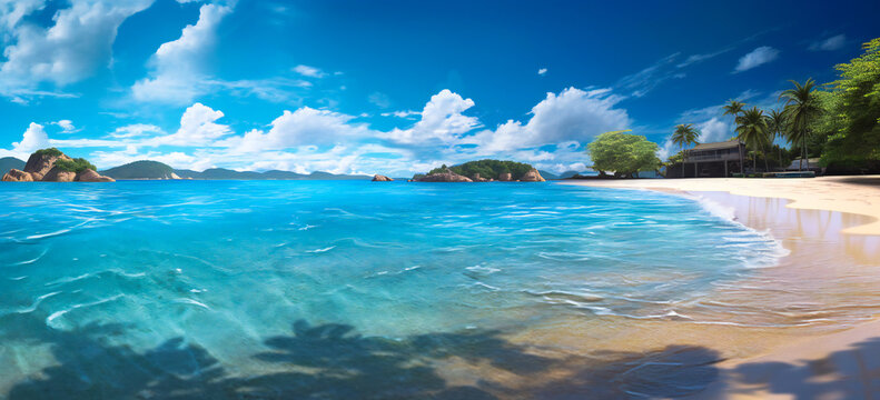 A tropical ocean scene with sand, sun with blue sky. Paradise island concept. © Adrian Grosu