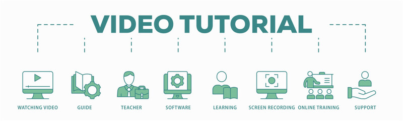 Video tutorial banner web icon vector illustration concept with icon of watching video, guide, teacher, software, learning, screen recording, online training, support