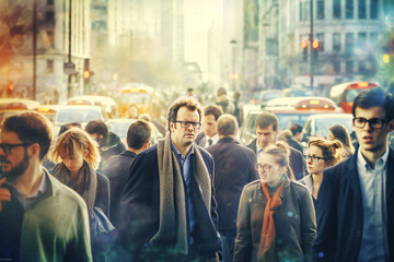 Obraz premium A crowd of people on a city sidewalk