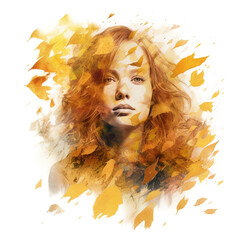 Double exposure of beautiful girl over yellow autumn leaves. Watercolor painting style. Generative AI image.