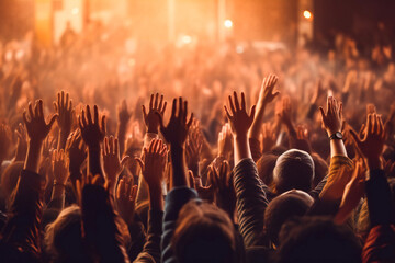 Fototapeta na wymiar Crowd raising hands up during concert or festival