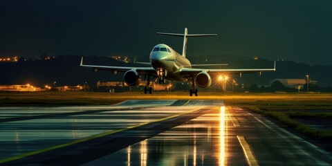 Jet airplane taking off from the runway at night. Generative AI