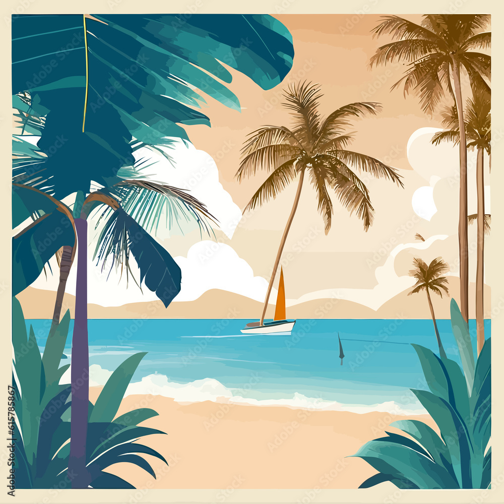 Wall mural beach illustration sun clean simple tropica