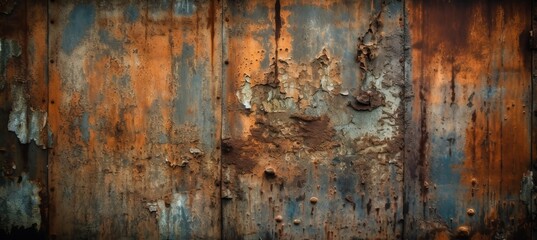 Scratched rusty metal plate surface background. Brown red blue scratch detail. Generative AI technology.	
