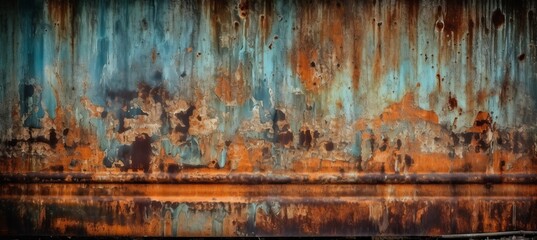 Rusty metal plate surface background. Brown red blue scratch detail. Generative AI technology.	