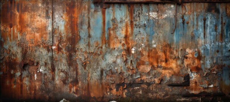 Rusty metal surface background. Brown red blue scratch detail. Generative AI technology.	