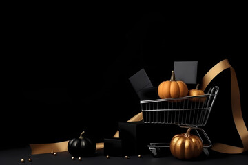 Black halloween still life composition with black pumpkins and gold ribbons, copy space background. Black Friday sale and Thanksgiving Day. Generative AI