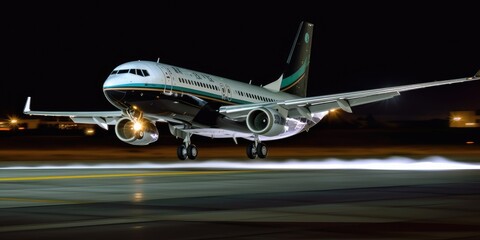 Jet airplane taking off from the runway at night. Generative AI