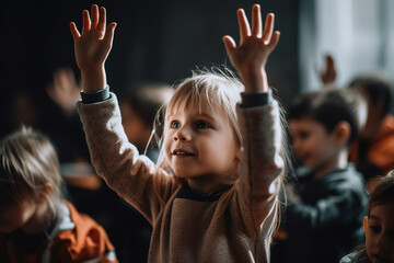 Child who raises hands in class in a classroom. Fictional person. Generative AI