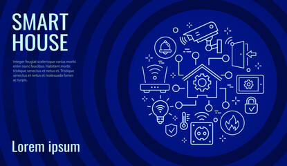 Smart home circle template flat line icons. Set of network, automated building, wireless, surveillance and more.