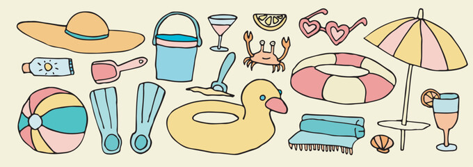 Cute doodle beach set, outline tropical sea vacation accessory, Shell, crab, rubber duck kids stickers