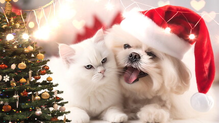 Fototapeta na wymiar Cat and dog,puppy and kitty in red Santa claus hat near Green Christmas tree decorated on city street holiday festive background,generated ai