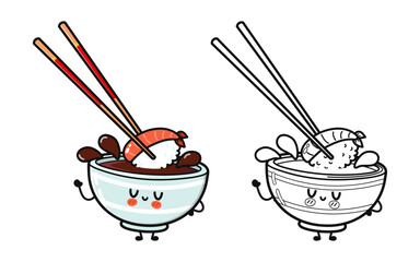 Funny cute happy Bowl of soy sauce characters bundle set. Vector hand drawn cartoon kawaii character illustration icon. Cute Bowl of soy sauce. Outline cartoon illustration for coloring book