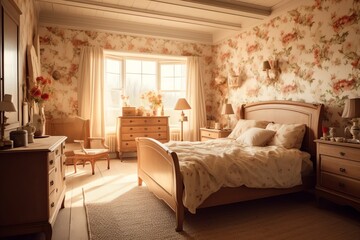 Fototapeta na wymiar English country-style bedroom with floral wallpaper