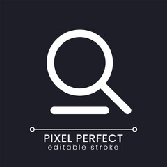 Searching tool pixel perfect white linear ui icon for dark theme. Magnifying glass. Vector line pictogram. Isolated user interface symbol for night mode. Editable stroke. Poppins font used