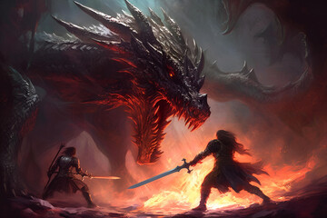 Brave knight or swordsman fighting with huge dragon. Fairytale or legend