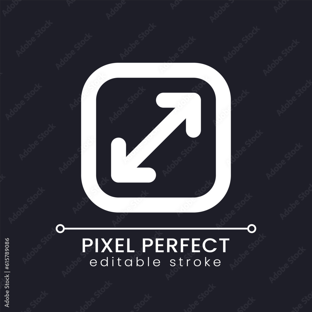 Poster screen enlargement pixel perfect white linear ui icon for dark theme. multimedia player. vector line
