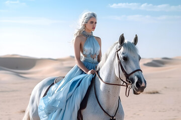 Obraz premium Beautiful woman with blue hair in a blue dress rides a white horse in the desert, a mythical character