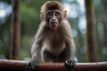 a monkey sitting on top of a tree branch looking up at the camera with its mouth open and eyes closed