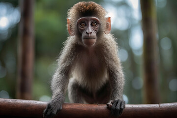 Obraz premium a monkey sitting on top of a tree branch looking up at the camera with its mouth open and eyes closed
