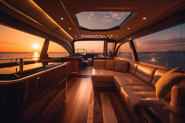 Fototapeta premium Interior of luxury motor yacht at sunset. Generative AI