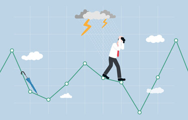 Wrong speculation in stock market, financial loss from incorrect forecasting, investment volatility concept, Businessman getting wet in rain while standing on stock graph without umbrella.
