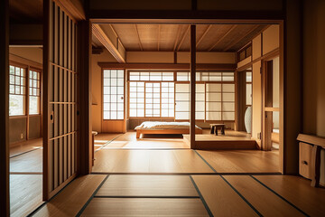 Muji design, an empty wooden room, and interior cleaning of a Japanese room. Generative AI