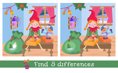 Find 8 differences. Game for children.Cute elf wrapping presents for children. Christmas workshop with furniture, objects. Vector cartoon illustration. 